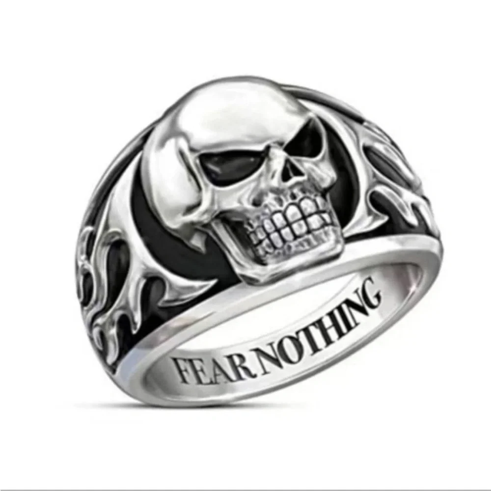 Silver Skull Ring Fear Nothing Engraved Women’s Goth Punk Biker Statement Ring 7